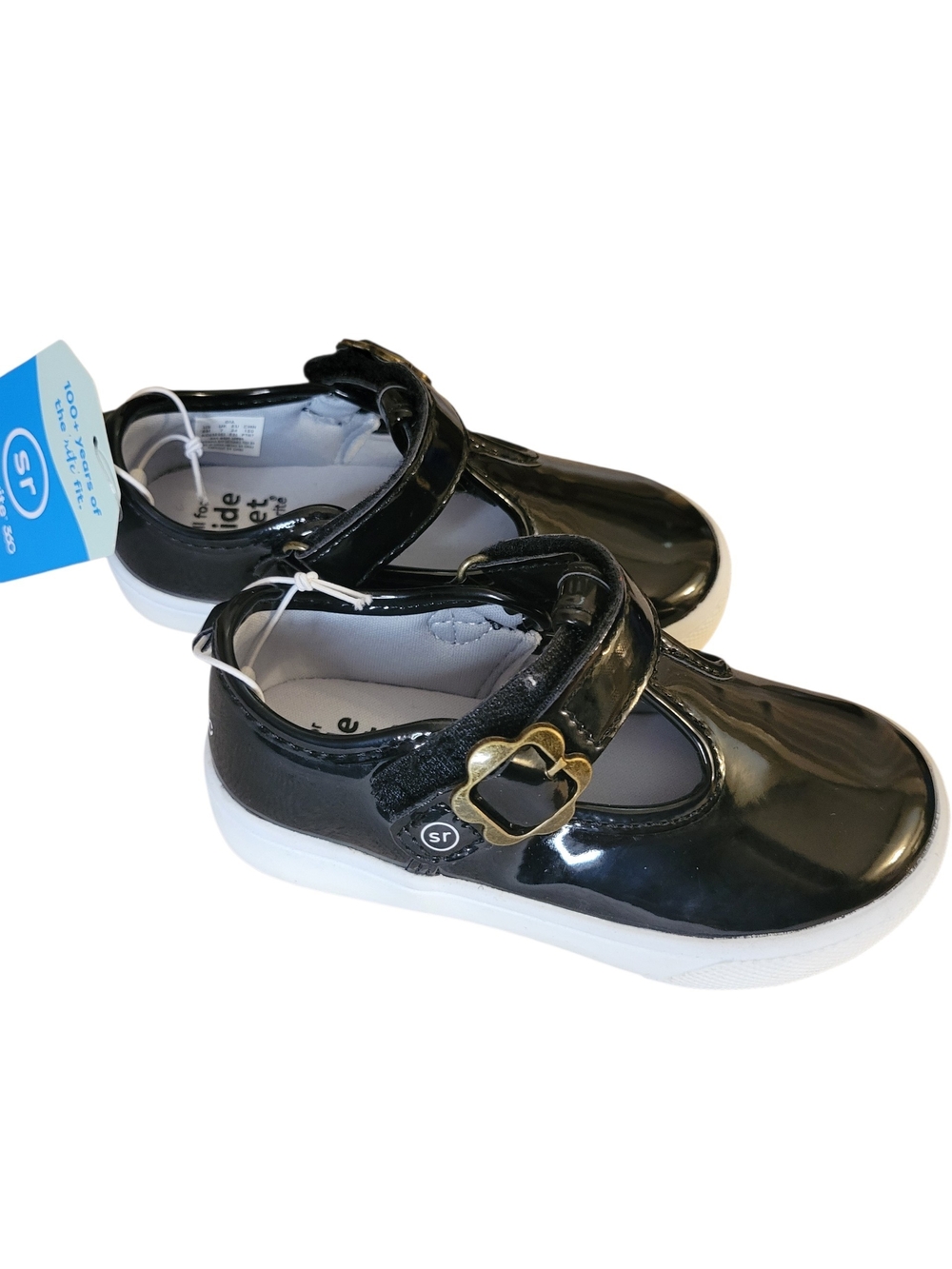 Stride Rite Girls Black Patent Mary Jane with Gold Flower Accent